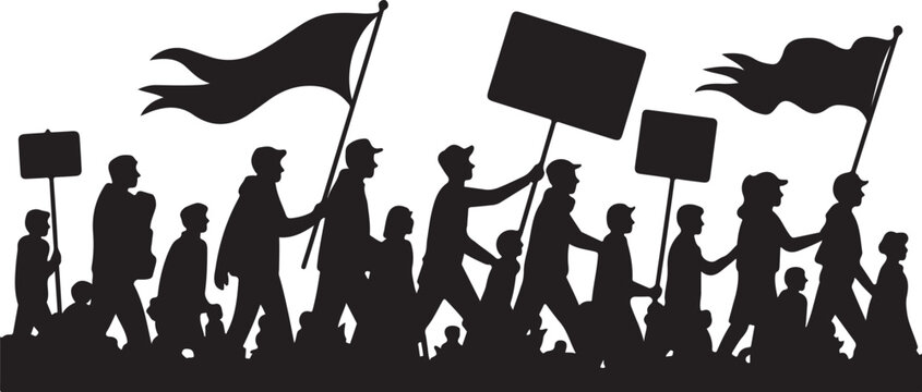Silhouette crowd marching with flags and signs protest