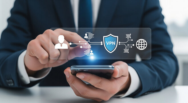 Businessman uses smartphone to access secure VPN connection for online privacy and data protection - Powered by Adobe