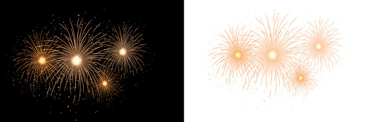 Golden glowing PNG fireworks burst across a deep black sky, sparkling trails and glowing orbs, New year, wedding, holiday celebration atmosphere with warm light and dynamic motion.