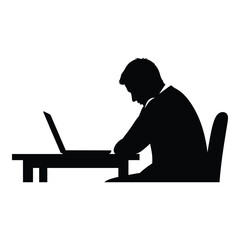 Silhouette of a focused businessman intensely working on a portable computer while seated at a desk on white background