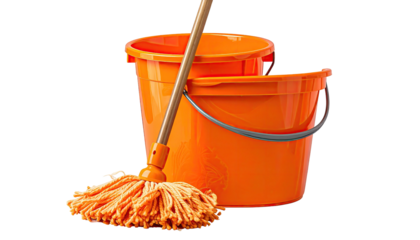 Orange mop and buckets set against a clean, black background