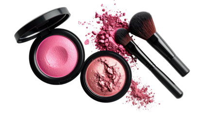 Pink blush, scattered powder, and makeup brushes, all on black