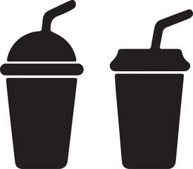 Beverage Cup Icon Set Silhouettes with Domed and Flat Lids Bent Straw Vector Illustration