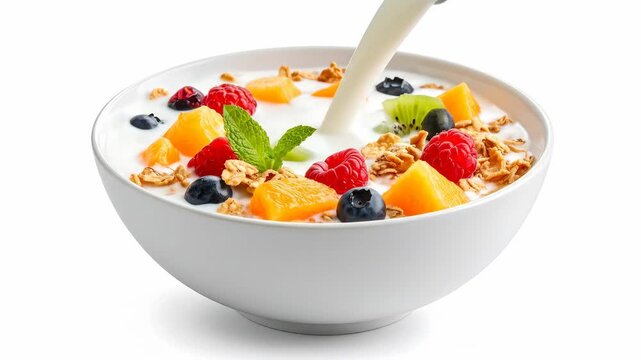 A healthy breakfast bowl with mixed fresh fruits, granola and milk being poured, isolated on white.