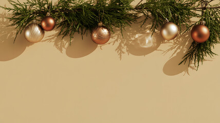 Christmas decoration with fir branches and ornaments casting shadows on a beige background.