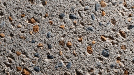 Exposed aggregate concrete texture, rough cement surface embedded with small stones and pebbles, tactile construction material background, even lighting, high definition detail 