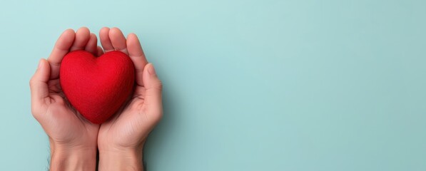 Hands gently cradling a red heart symbolizing love, care, health and charity, top view with copy space on soft blue background