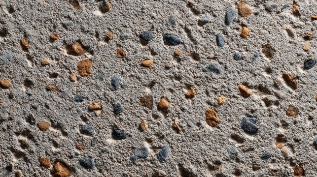 Exposed aggregate concrete texture, rough cement surface embedded with small stones and pebbles, tactile construction material background, even lighting, high definition detail 