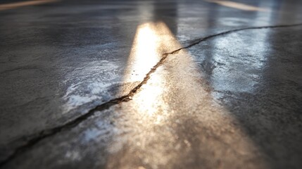 Extreme close up of polished concrete scratch, light catching the groove