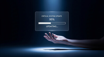 Hand reaching out to touch glowing progress bar on dark background, representing system update completion