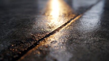 Extreme close up of polished concrete scratch, light catching the groove