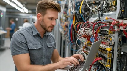 Tech Expert Focused: A skilled professional, intently focused on their work, delves into the intricacies of intricate server infrastructure and information.