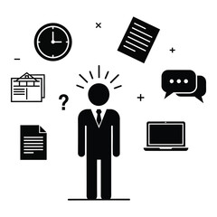 Silhouette of a thoughtful businessman surrounded by floating icons representing time management tasks communication and digital work on white background