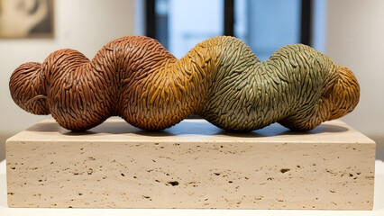Abstract horizontal ceramic sculpture with a textured surface, showcasing blend of earthy tones and unique design on a neutral stand, highlighting artful form and detail