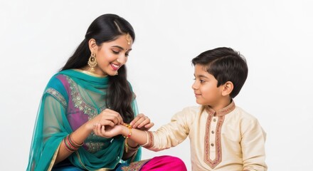 Bhai dooj celebration with sister tying rakhi to brother in traditional attire