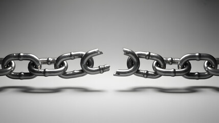 Obraz premium Close-up of a broken metal chain link against a grey background, symbolizing failure or separation.