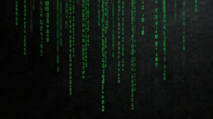 Digital background code texture cyberpunk atmosphere, green data stream falling on dark wall, futuristic glow creates abstract virtual rain and hacker mood