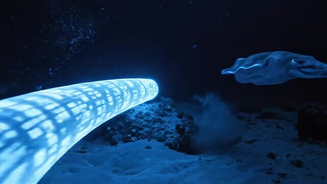 Futuristic Blue Holographic Data Cable on Dark Ocean Floor with Manta Ray