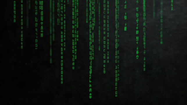 Digital background code texture cyberpunk atmosphere, green data stream falling on dark wall, futuristic glow creates abstract virtual rain and hacker mood - Powered by Adobe