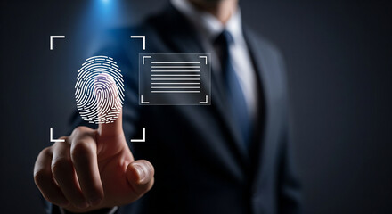 Businessman using fingerprint scan for secure digital access and identity verification