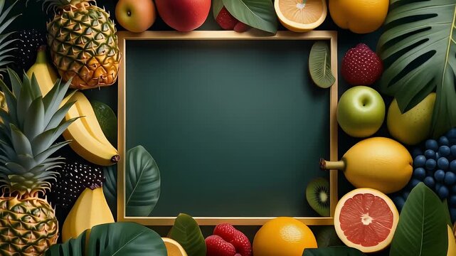 Vibrant Fresh Fruits and Tropical Leaves Bordering a Green Chalkboard Frame with Copy Space