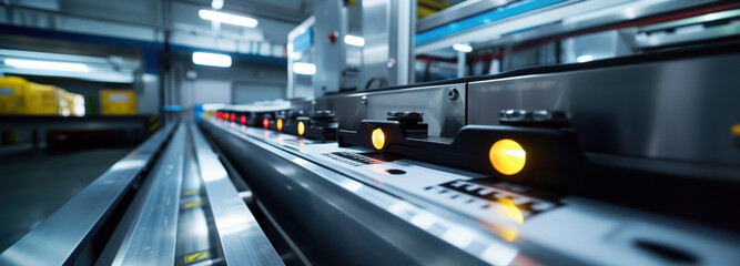 Automated Conveyor System: An industrial conveyor system transporting goods through a modern, automated facility, showcasing the efficiency of mass production and technology.