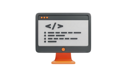 3D Computer monitor displaying code symbols on transparent background