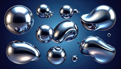 Shiny, metallic, fluid-like orbs and blobs floating in a blue space