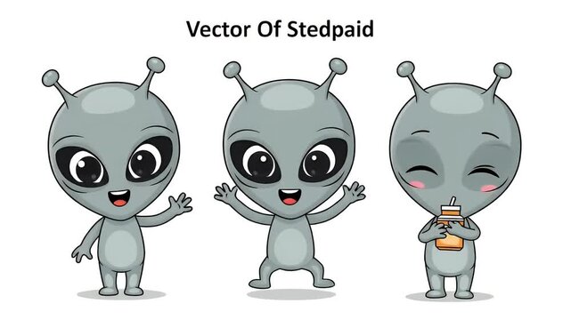 Cute Grey Alien Characters Waving and Holding Coffee Cup