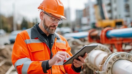 Construction Inspection: A focused construction worker inspects blueprints in a complex infrastructure setting. He represents precision, experience, and dedication. - Powered by Adobe