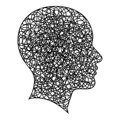 Stylized silhouette profile of a human head filled completely with tangled chaotic black lines symbolizing complex thought processes on white background