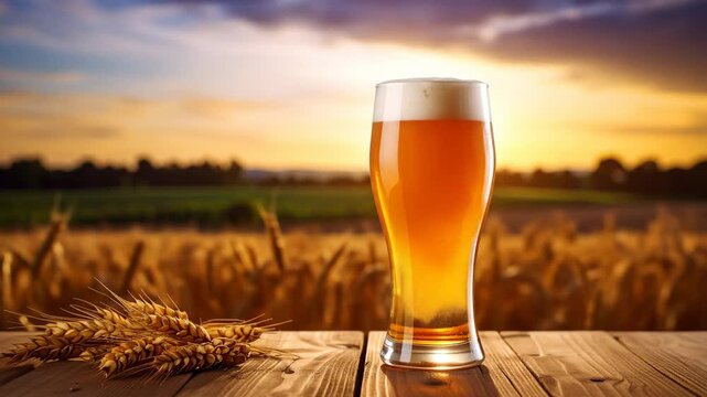 A refreshing glass of golden beer with a frothy head, wheat stalks, and a beautiful sunset background.