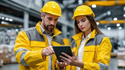 Precision and Collaboration in an Industrial Setting: Two professionals, clad in yellow safety gear and helmets, engross themselves in the data displayed on a tablet computer. - Powered by Adobe