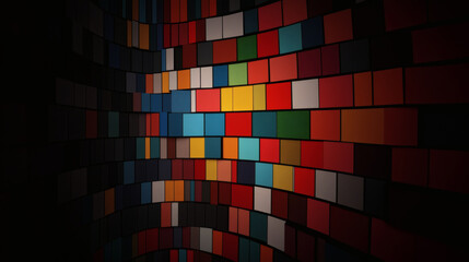Abstract mosaic pattern colorful tile wall curved digital background vibrant square block geometric light art dark modern backdrop pixel grid texture red blue yellow gradient color tile glowing