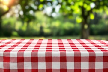 Red and white checkered tablecloth on an empty table outdoors, ready for a summer picnic. Blurry green nature background with copy space