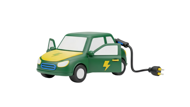 3D Electric car charging with plug and open doors on transparent background - Powered by Adobe