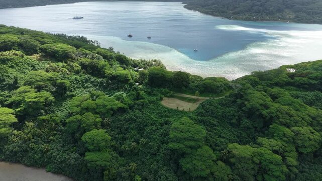Breathtaking Landscape of French Polynesia. Drone Shot of Rainforest on Island and Bay