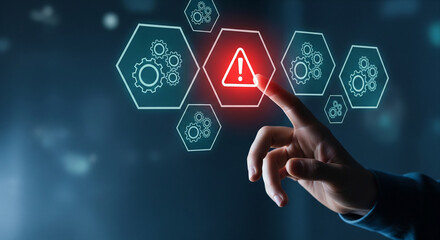 Hand touching digital warning symbol on futuristic interface, indicating alert or danger.