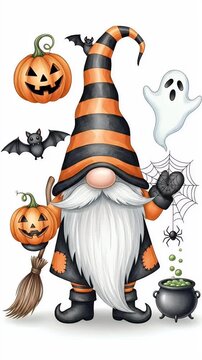 Cute Halloween Gnome With Pumpkin Jack-o-Lantern Bat Ghost and Potion