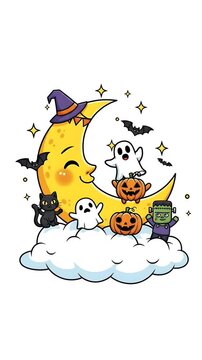 Cute Halloween Pixel Art Moon with Ghosts Pumpkins Black Cat and Bats