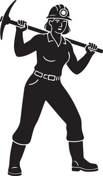 Female Miner Silhouette with Pickaxe Icon - Woman Worker in Hard Hat, a Vintage or Retro Illustration of Labor and Industry.