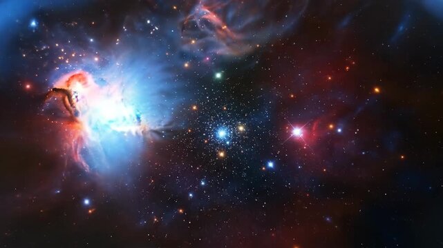 A vibrant and detailed depiction of a colorful nebula with numerous stars and celestial formations.