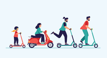 Happy family, including a child, mother, and two fathers, riding different types of scooters together, showcasing modern family transportation.