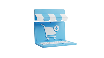 3D Online shopping cart icon on laptop screen with store awning on transparent background