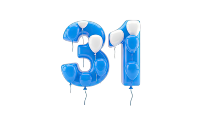 3D Number 31 Made of Balloons on transparent background