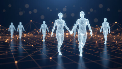 Illuminated network graph with connected nodes and human icons defocused dark background symbolizing recruitment social connections glowing figures display futuristic, *Futuristic Corporate Collaborat