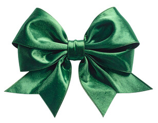 Lush, emerald green satin bow, intricately tied, on a transparent background