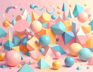 Pastel 3D geometric shapes including spheres, pyramids, and cubes, floating