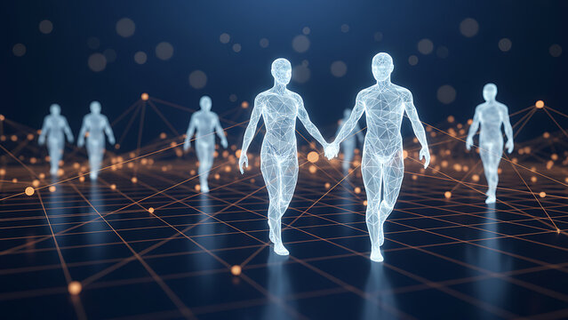 Illuminated network graph with connected nodes and human icons defocused dark background symbolizing recruitment social connections glowing figures display futuristic, *Futuristic Corporate Collaborat - Powered by Adobe