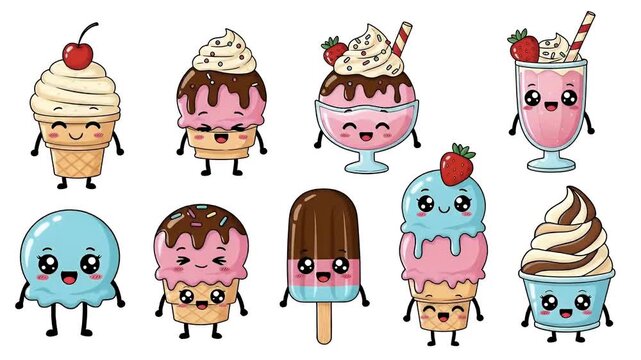 Cute Kawaii Ice Cream Characters Assortment With Cherry Strawberry Chocolate Strawberry Milkshake